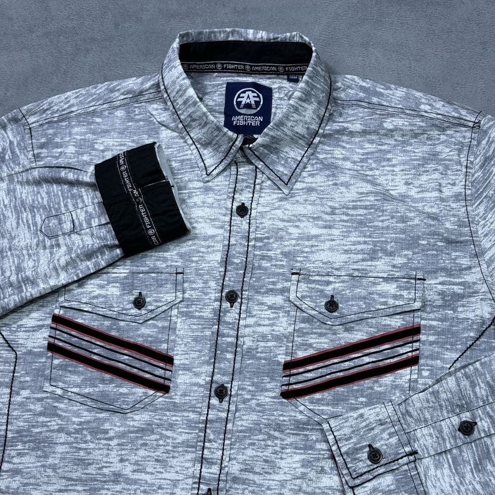 American Fighter Shirt Mens L Gray Heathered Dual Pockets Biker Y2K Eagle
